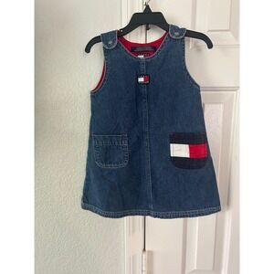 Vtg Tommy Hilfiger Vintage Denim Jumper Dress Toddler Girls 2T Flag Logo Blue
